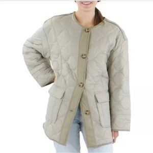 AVEC LES FILLES 1X short gray taupe putty quilted button down bomber Coat spring